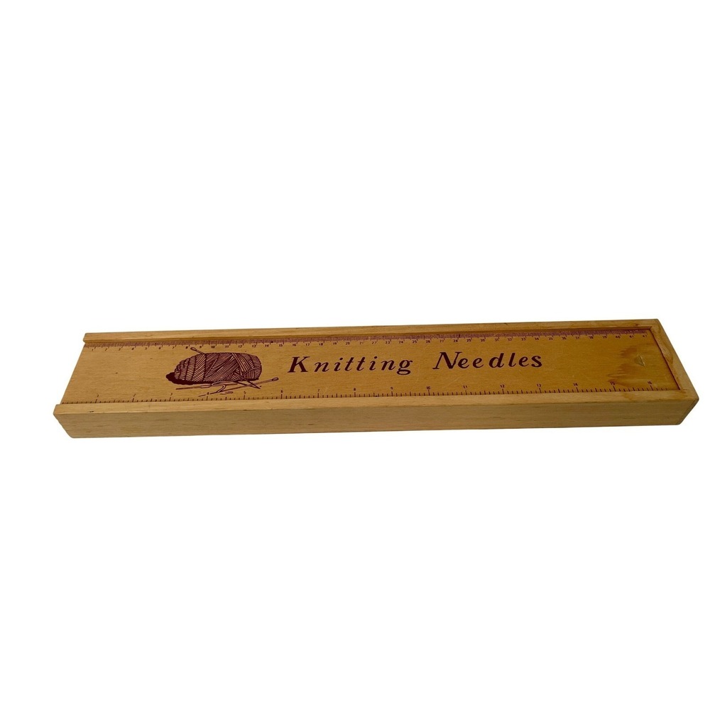 Vintage Wooden Knitting Needle Box with Ruler Lid and Assorted Aluminum Needles